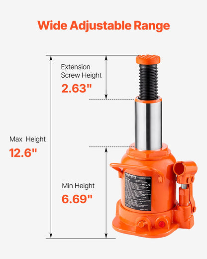 Hydraulic Bottle Jack, 20 Ton/44092 lbs Welded Bottle Jack with 6.69''-12.6'' Lifting Range & 3-Section Long Handle, for Car, Pickup, Truck, RV, Auto Repair, Industrial Engineering