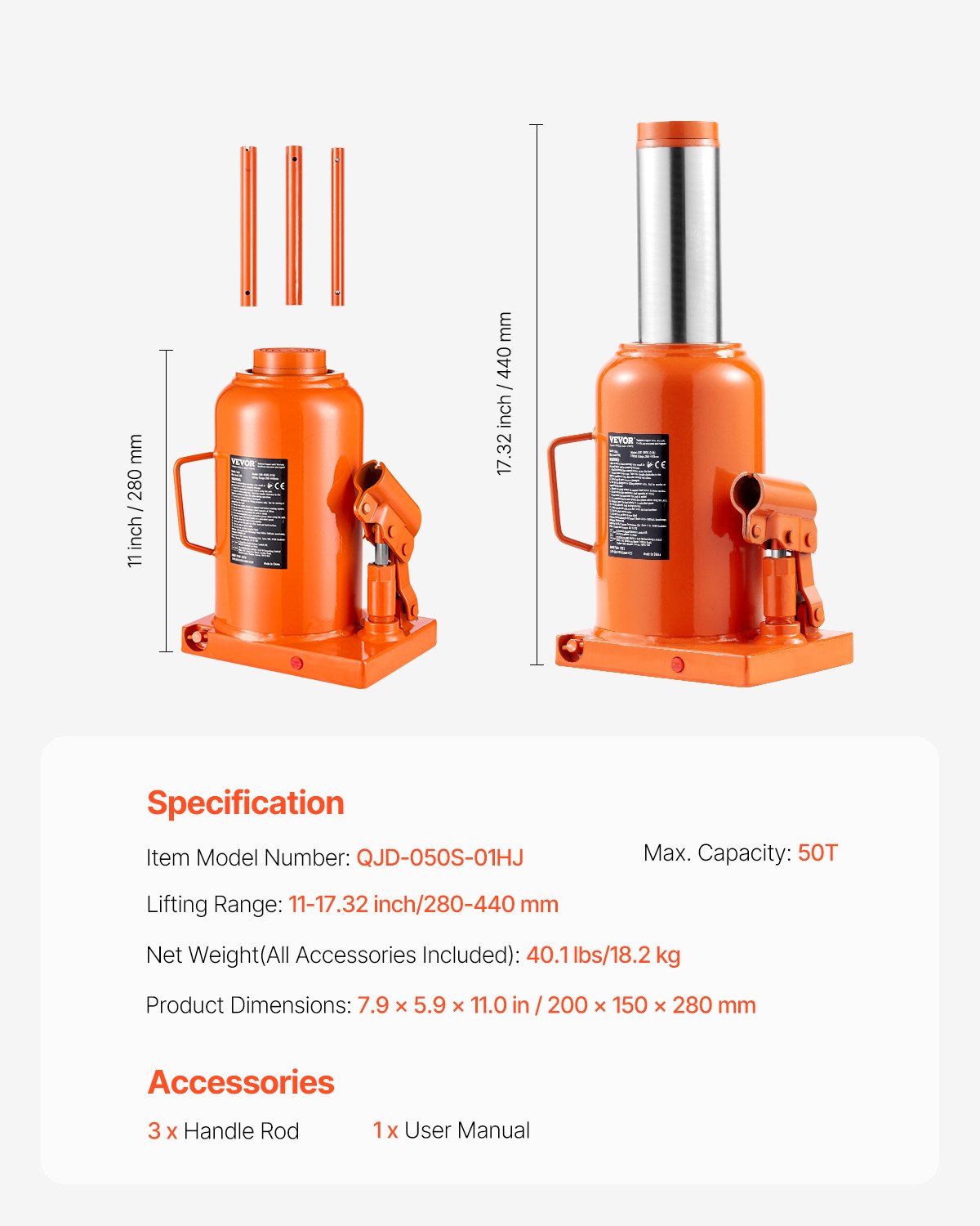 Hydraulic Bottle Jack, 50 Ton/110231 lbs Welded Bottle Jack with 11''-17.32'' Lifting Range & 3-Section Long Handle, for Car, Pickup, Truck, RV, Auto Repair, Industrial Engineering