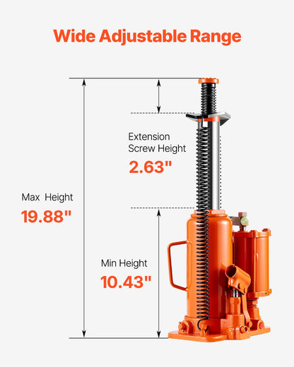 Air Hydraulic Bottle Jack, 12 Ton/26455 lbs Pneumatic Hydraulic Bottle Jack with 10.43''-19.88'' Lifting Range & Manual Hand Pump, for Pickup, Truck, RV, Auto Repair, Industrial Engineering