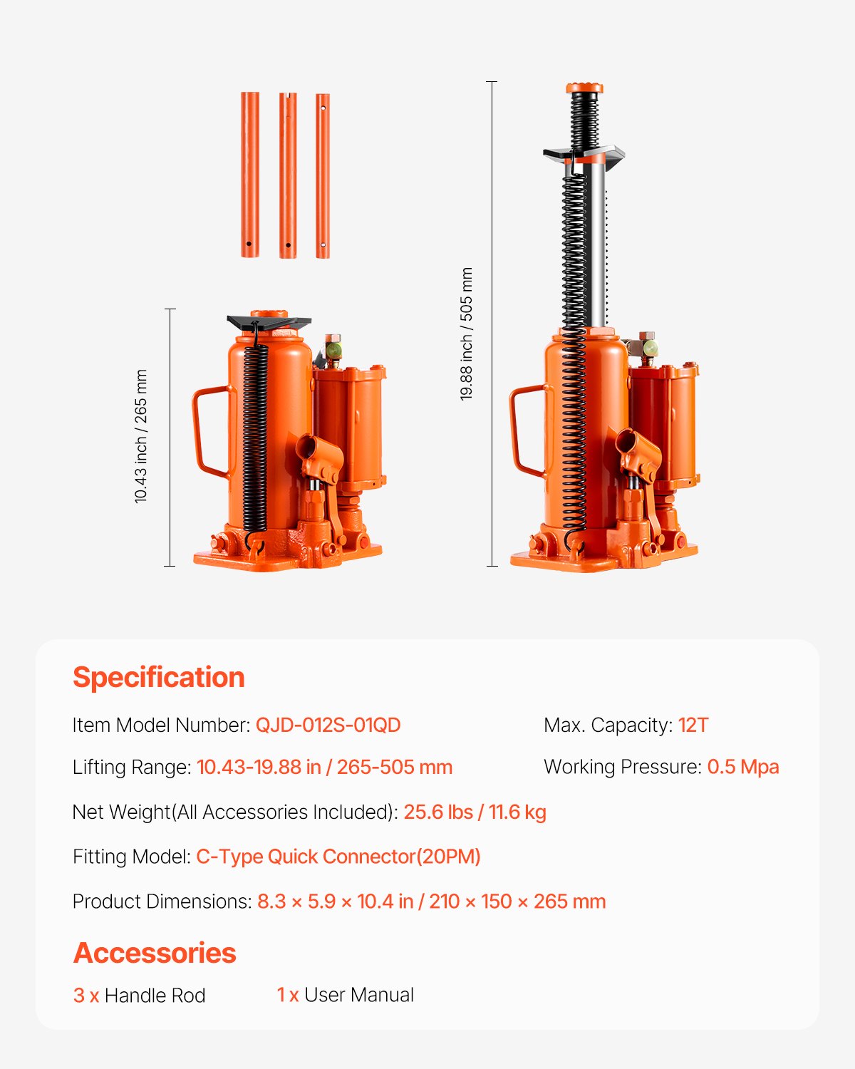 Air Hydraulic Bottle Jack, 12 Ton/26455 lbs Pneumatic Hydraulic Bottle Jack with 10.43''-19.88'' Lifting Range & Manual Hand Pump, for Pickup, Truck, RV, Auto Repair, Industrial Engineering