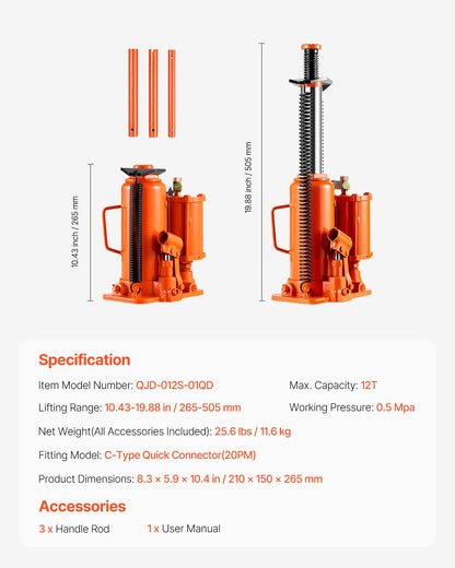 Air Hydraulic Bottle Jack, 12 Ton/26455 lbs Pneumatic Hydraulic Bottle Jack with 10.43''-19.88'' Lifting Range & Manual Hand Pump, for Pickup, Truck, RV, Auto Repair, Industrial Engineering