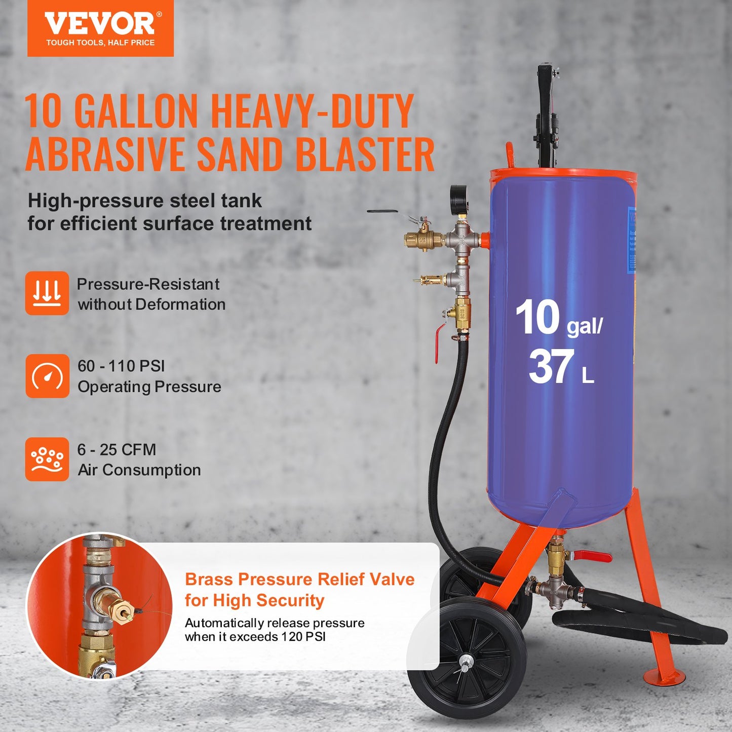 10 Gallon Heavy-Duty Sand Blaster 60-110 PSI med 2 munstycken och 7,5 fot slang