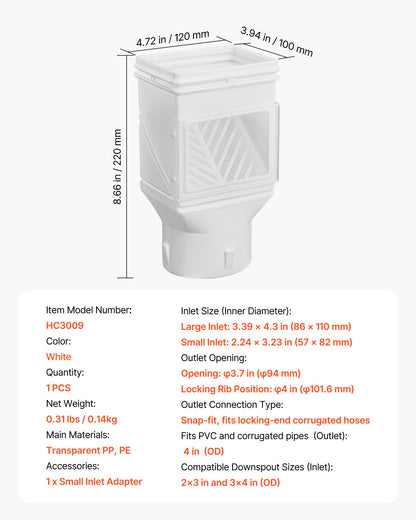 Gutter Downspouts, Downspout Diverter Rainwater Collection System Fits for 2x3 or 3x4 Inch Standard Inlet and Φ4inch Outlet, Flexible Rain Water Barrel Kit with Mesh Screen & Transparent, White