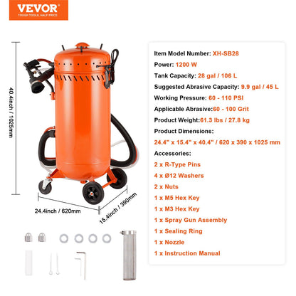 28 Gallon Vacuum Sand Blaster, Dustless Sandblaster with Built-in 1200W Vacuum System for Dust Control and Abrasive Recycle, 60-110 PSI Heavy Duty Abrasive Blasting Machine