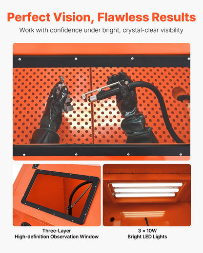 245 Gallon Sandblasting Cabinet with Pressurized Tank, Heavy Duty Steel Sand Blasting Cabinet on Wheels - with 32 Gallon Media Hopper & 1.6HP Dust Collector for Oversized Parts Surface Finishing