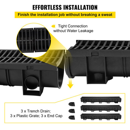 Trench Drain System,5.8x5.2x39.4-Inch HDPE Drainage Trench,Channel Drain with Plastic Grate,Black Plastic Garage Floor Drain,3x39 Trench Drain Grate,with 3 End Caps, for Garden, Driveway-3 Pack