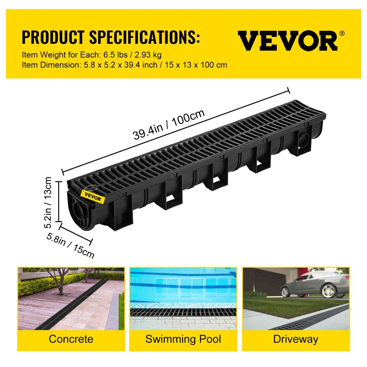 Trench Drain System,5.8x5.2x39.4-Inch HDPE Drainage Trench,Channel Drain with Plastic Grate,Black Plastic Garage Floor Drain,3x39 Trench Drain Grate,with 3 End Caps, for Garden, Driveway-3 Pack