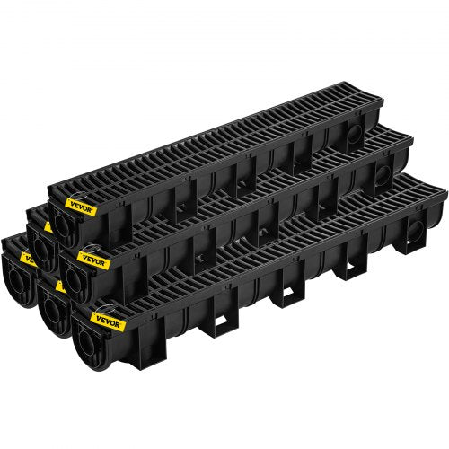 Trench Drain System, Channel Drain with Plastic Grate, 5.9x5.1-Inch HDPE Drainage Trench, Black Plastic Garage Floor Drain, 6x39 Trench Drain Grate, with 6 End Caps, for Garden, Driveway-6 Pack
