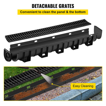 Trench Drain System, Channel Drain with Plastic Grate, 5.9x5.1-Inch HDPE Drainage Trench, Black Plastic Garage Floor Drain, 6x39 Trench Drain Grate, with 6 End Caps, for Garden, Driveway-6 Pack