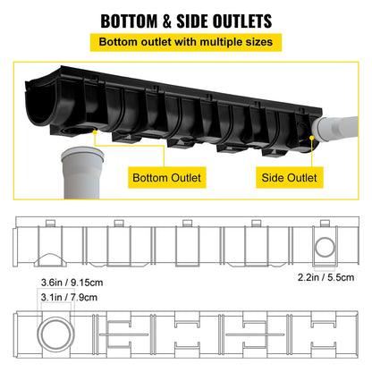 Trench Drain System, Channel Drain with Plastic Grate, 5.9x5.1-Inch HDPE Drainage Trench, Black Plastic Garage Floor Drain, 6x39 Trench Drain Grate, with 6 End Caps, for Garden, Driveway-6 Pack