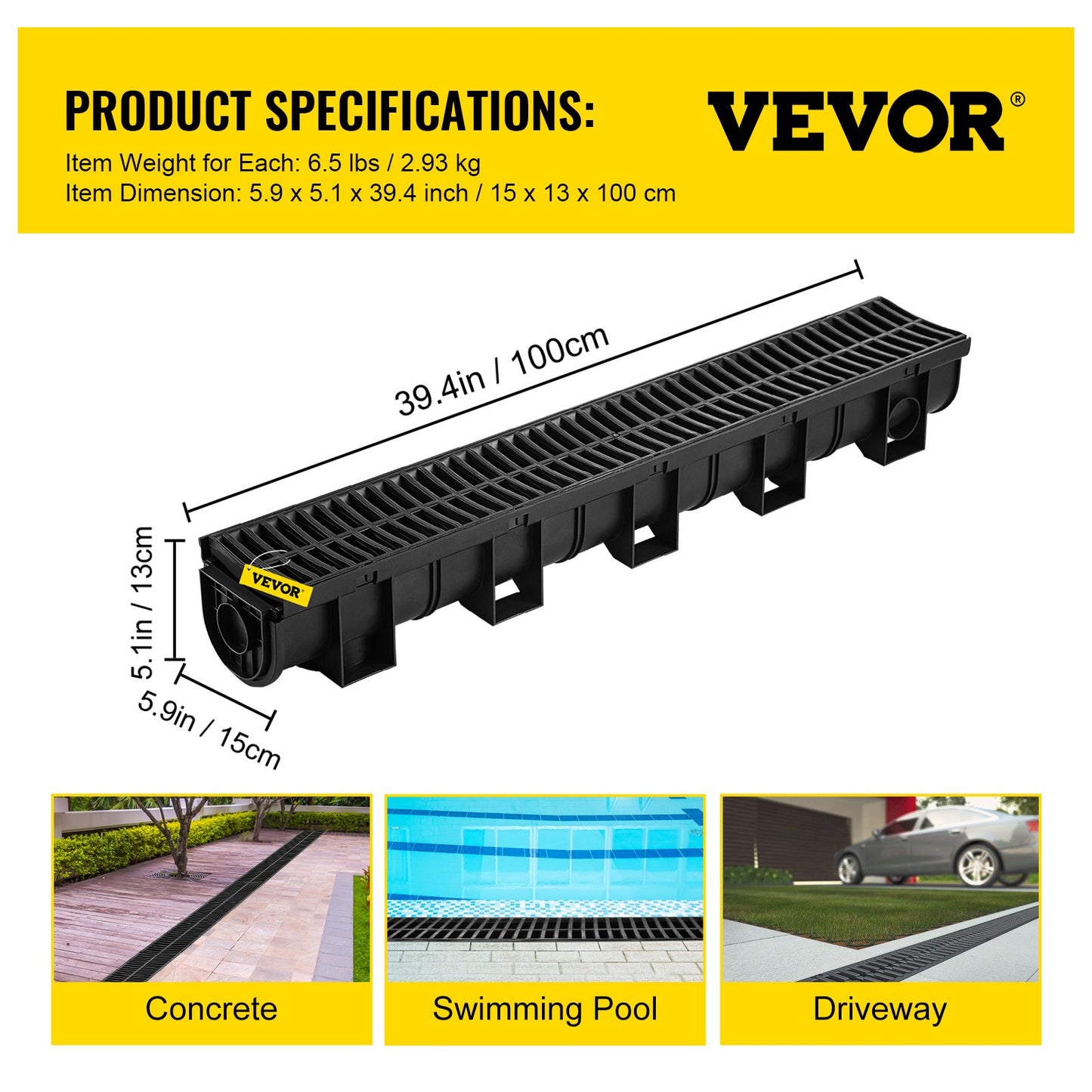 Trench Drain System, Channel Drain with Plastic Grate, 5.9x5.1-Inch HDPE Drainage Trench, Black Plastic Garage Floor Drain, 6x39 Trench Drain Grate, with 6 End Caps, for Garden, Driveway-6 Pack