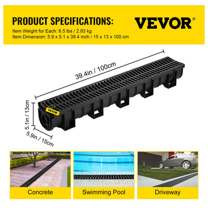 Trench Drain System, Channel Drain with Plastic Grate, 5.9x5.1-Inch HDPE Drainage Trench, Black Plastic Garage Floor Drain, 6x39 Trench Drain Grate, with 6 End Caps, for Garden, Driveway-6 Pack