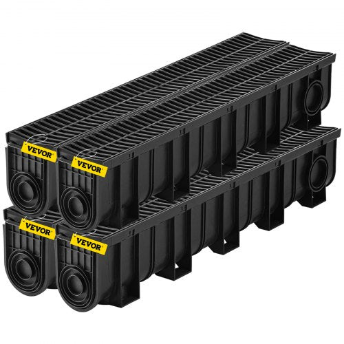 Trench Drain System, Channel Drain with Plastic Grate, 5.9x7.5-Inch HDPE Drainage Trench, Black Plastic Garage Floor Drain, 4x39 Trench Drain Grate, with 4 End Caps, for Garden, Driveway-4 Pack
