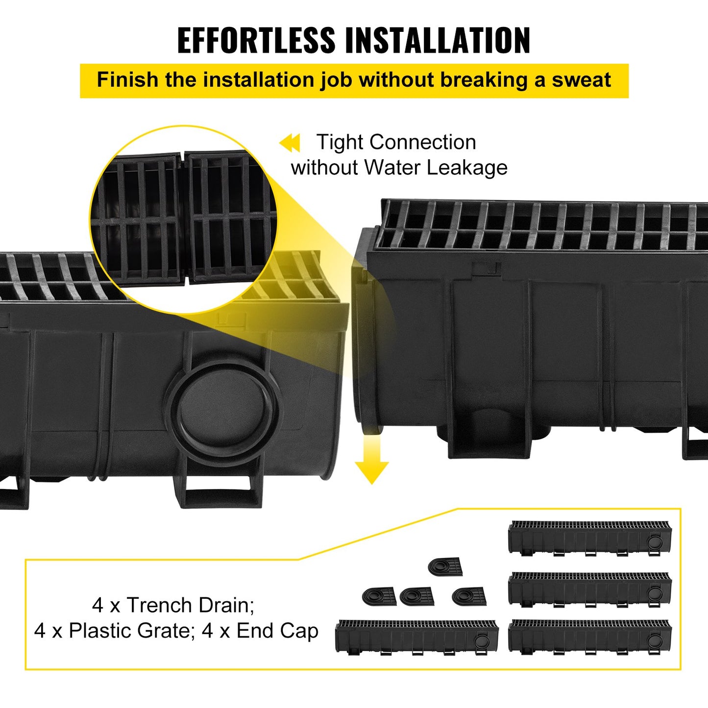 Trench Drain System, Channel Drain with Plastic Grate, 5.9x7.5-Inch HDPE Drainage Trench, Black Plastic Garage Floor Drain, 4x39 Trench Drain Grate, with 4 End Caps, for Garden, Driveway-4 Pack