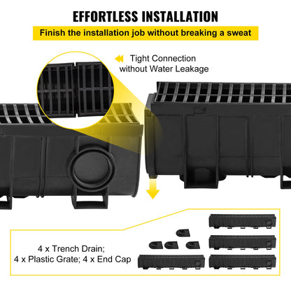 Trench Drain System, Channel Drain with Plastic Grate, 5.9x7.5-Inch HDPE Drainage Trench, Black Plastic Garage Floor Drain, 4x39 Trench Drain Grate, with 4 End Caps, for Garden, Driveway-4 Pack