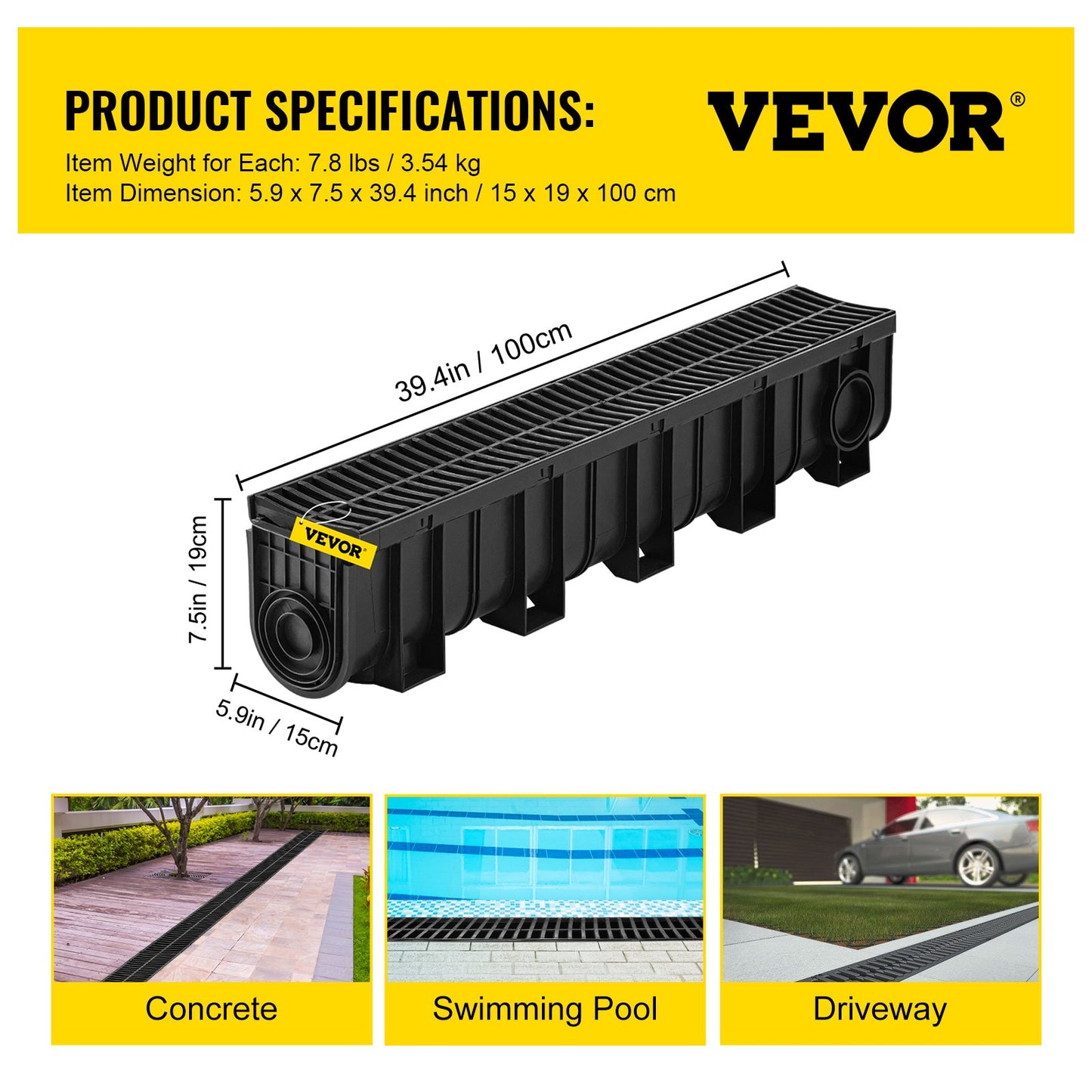 Trench Drain System, Channel Drain with Plastic Grate, 5.9x7.5-Inch HDPE Drainage Trench, Black Plastic Garage Floor Drain, 4x39 Trench Drain Grate, with 4 End Caps, for Garden, Driveway-4 Pack