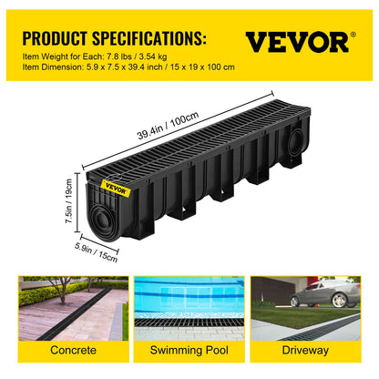 Trench Drain System, Channel Drain with Plastic Grate, 5.9x7.5-Inch HDPE Drainage Trench, Black Plastic Garage Floor Drain, 4x39 Trench Drain Grate, with 4 End Caps, for Garden, Driveway-4 Pack
