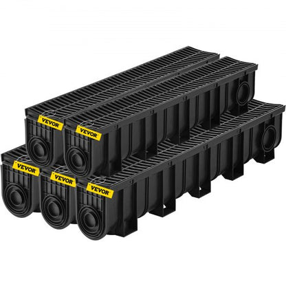Trench Drain System, Channel Drain with Plastic Grate, 5.9x7.5-Inch HDPE Drainage Trench, Black Plastic Garage Floor Drain, 5x39 Trench Drain Grate, with 5 End Caps, for Garden, Driveway-5 Pack