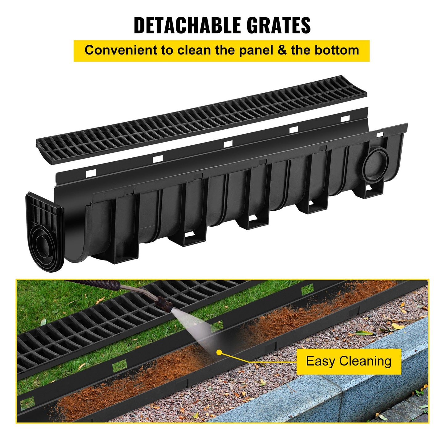 Trench Drain System, Channel Drain with Plastic Grate, 5.9x7.5-Inch HDPE Drainage Trench, Black Plastic Garage Floor Drain, 5x39 Trench Drain Grate, with 5 End Caps, for Garden, Driveway-5 Pack