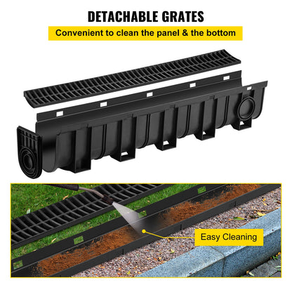 Trench Drain System, Channel Drain with Plastic Grate, 5.9x7.5-Inch HDPE Drainage Trench, Black Plastic Garage Floor Drain, 5x39 Trench Drain Grate, with 5 End Caps, for Garden, Driveway-5 Pack