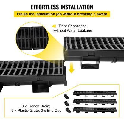 Trench Drain System, Channel Drain with Plastic Grate, 5.7x3.1-Inch HDPE Drainage Trench, Black Plastic Garage Floor Drain, 3x39 Trench Drain Grate, with 3 End Caps, for Garden, Driveway-3 Pack