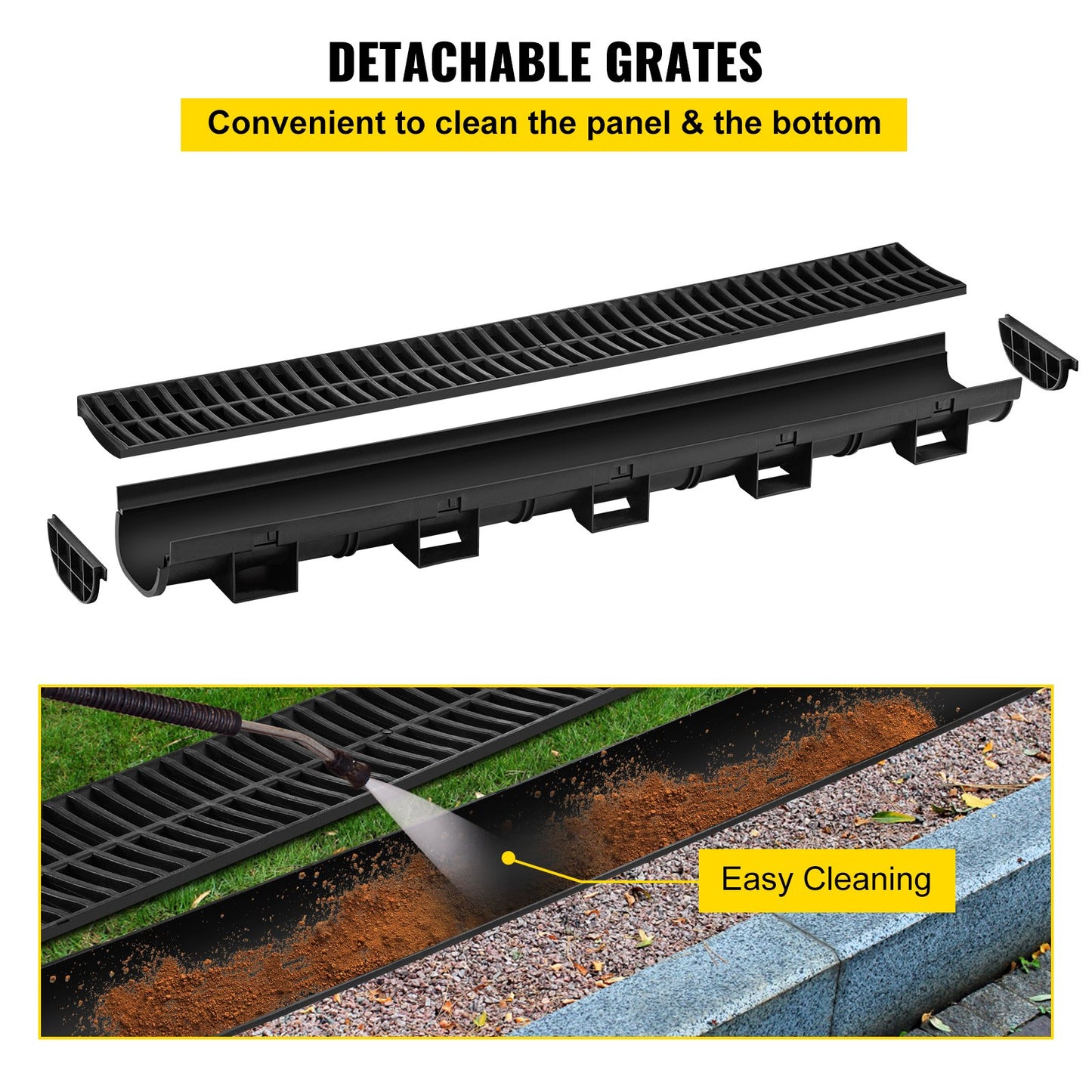 Trench Drain System, Channel Drain with Plastic Grate, 5.7x3.1-Inch HDPE Drainage Trench, Black Plastic Garage Floor Drain, 3x39 Trench Drain Grate, with 3 End Caps, for Garden, Driveway-3 Pack