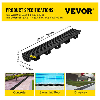 Trench Drain System, Channel Drain with Plastic Grate, 5.7x3.1-Inch HDPE Drainage Trench, Black Plastic Garage Floor Drain, 3x39 Trench Drain Grate, with 3 End Caps, for Garden, Driveway-3 Pack