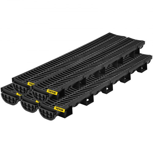 Trench Drain System, Channel Drain with Plastic Grate, 5.7x3.1-Inch HDPE Drainage Trench, Black Plastic Garage Floor Drain, 5x39 Trench Drain Grate, with 5 End Caps, for Garden, Driveway-5 Pack