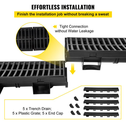 Trench Drain System, Channel Drain with Plastic Grate, 5.7x3.1-Inch HDPE Drainage Trench, Black Plastic Garage Floor Drain, 5x39 Trench Drain Grate, with 5 End Caps, for Garden, Driveway-5 Pack