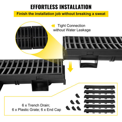 Trench Drain System, Channel Drain with Plastic Grate, 5.8x3.1-Inch HDPE Drainage Trench, Black Plastic Garage Floor Drain, 6x39 Trench Drain Grate, with 6 End Caps, for Garden, Driveway-6 Pack