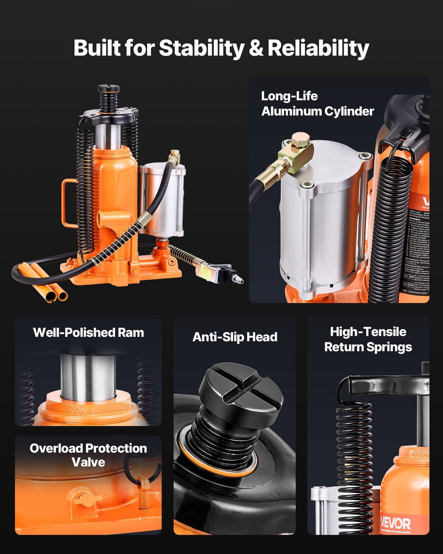 Air Hydraulic Bottle Jack, 20 Ton (44092 lbs) Capacity, 10.2-19.5 Inch Lifting Range, Pneumatic/Manual Heavy Duty Welded Bottle Jack with Pump for Car, SUV, Pickup, Truck, RV Auto Repair, Orange