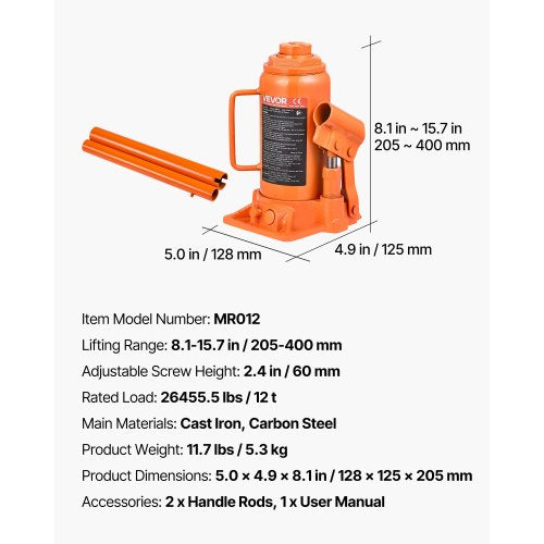 hydraulisk flaskdomkraft, 12 ton (26455,5 lbs) kapacitet, 205-400 mm lyfträckvidd, kraftig svetsad flaskdomkraft för bil, SUV, pickup, bilreparationer, huslyft och jordbruksutrustning, orange |  EU