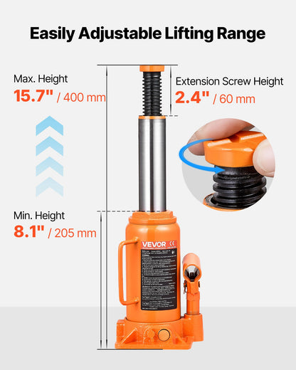 Hydraulic Bottle Jack, 12 Ton (26455.5 lbs) Capacity, 8.1-15.7 Inch Lifting Range, Heavy Duty Welded Bottle Jack for Car, SUV, Pickup, Auto Repair, House Lift and Agricultural Equipment, Orange
