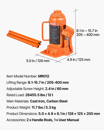 Hydraulic Bottle Jack, 12 Ton (26455.5 lbs) Capacity, 8.1-15.7 Inch Lifting Range, Heavy Duty Welded Bottle Jack for Car, SUV, Pickup, Auto Repair, House Lift and Agricultural Equipment, Orange