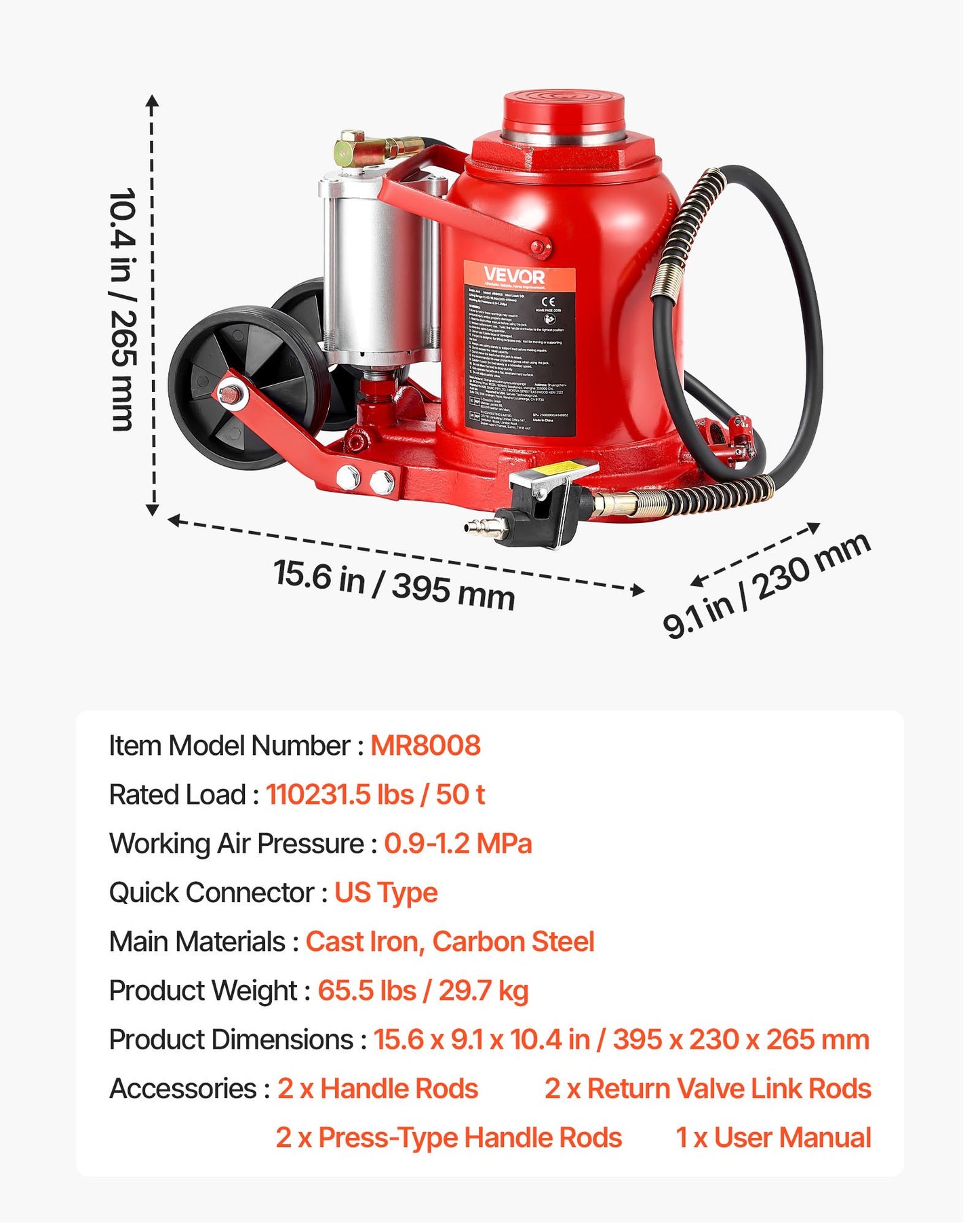 Air Hydraulic Bottle Jack, 50 Ton (110231.5 lbs) Capacity, 10.4-16.1 Inch Lifting Range, Pneumatic/Manual Heavy Duty Welded Bottle Jack with Pump for Car, SUV, Pickup, Truck, RV Auto Repair, Red