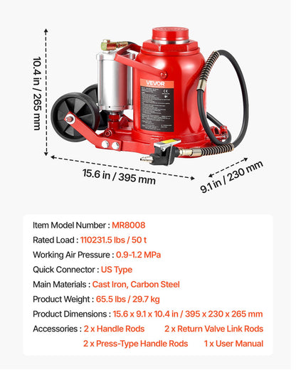 Air Hydraulic Bottle Jack, 50 Ton (110231.5 lbs) Capacity, 10.4-16.1 Inch Lifting Range, Pneumatic/Manual Heavy Duty Welded Bottle Jack with Pump for Car, SUV, Pickup, Truck, RV Auto Repair, Red
