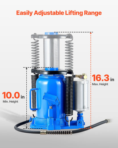 Air Hydraulic Bottle Jack, 32 Ton (70546.9 lbs) Capacity, 10-16.3 Inch Lifting Range, Pneumatic/Manual Heavy Duty Welded Bottle Jack with Pump for Car, SUV, Pickup, Truck, RV, Auto Repair, Blue
