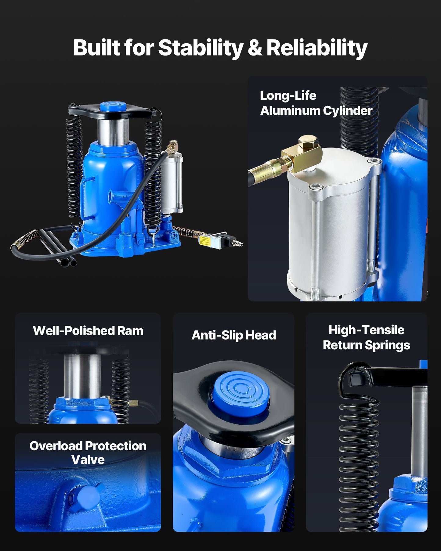 Air Hydraulic Bottle Jack, 32 Ton (70546.9 lbs) Capacity, 10-16.3 Inch Lifting Range, Pneumatic/Manual Heavy Duty Welded Bottle Jack with Pump for Car, SUV, Pickup, Truck, RV, Auto Repair, Blue