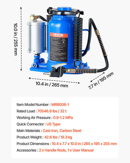 Air Hydraulic Bottle Jack, 32 Ton (70546.9 lbs) Capacity, 10-16.3 Inch Lifting Range, Pneumatic/Manual Heavy Duty Welded Bottle Jack with Pump for Car, SUV, Pickup, Truck, RV, Auto Repair, Blue