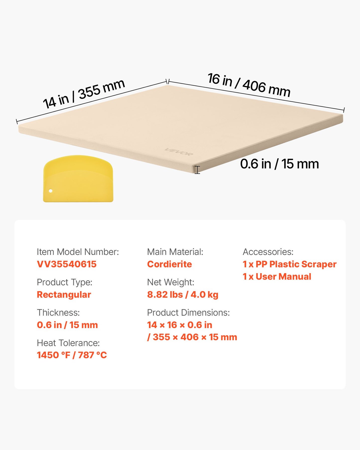 Pizza Stone, 16 x 14 x 0.6 Inch Rectangular Cordierite Pizza Stone, Large Baking-Stone with Scraper, 1450℉ Heat-Resistant Cordierite Cooking Stones for Kitchen Bake Oven, BBQ Grilling