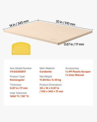 Pizza Stone, 20 x 14 x 0.67 in Rectangular Pizza Stone, Extra Large Baking-Stone with Scraper, 1450℉ Heat-Resistant Cordierite, for Oven, BBQ Griller, Baking Bread & Pizza