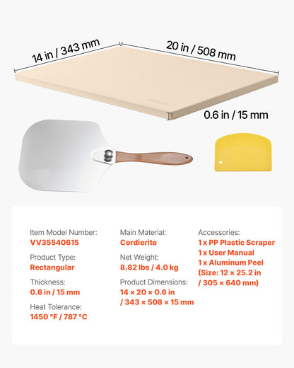 Pizza Stone, 20 x 14 x 0.6 in Rectangular Cordierite Pizza Stone, 1450℉ Heat-Resistant Cook Stone, Extra Large Baking-Stone with Metal Peel, Scraper, for Kitchen Bake Oven, BBQ Grill