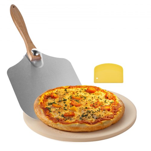 Pizza Stone, 15 in Round Pizza Stone, 0.67 in Large Cordierite Baking-Stone with Metal Peel, Scrape, 1450℉ Heat-Resistant Cooking Stones, for Kitchen Oven, Baking Pizzas, BBQ Grilling