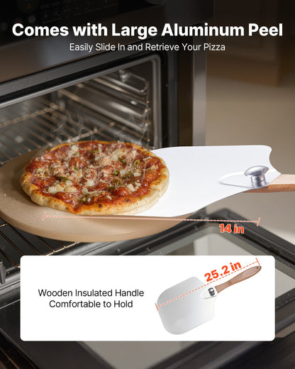 Pizza Stone, 15 in Round Pizza Stone, 0.67 in Large Cordierite Baking-Stone with Metal Peel, Scrape, 1450℉ Heat-Resistant Cooking Stones, for Kitchen Oven, Baking Pizzas, BBQ Grilling