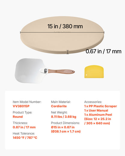 Pizza Stone, 15 in Round Pizza Stone, 0.67 in Large Cordierite Baking-Stone with Metal Peel, Scrape, 1450℉ Heat-Resistant Cooking Stones, for Kitchen Oven, Baking Pizzas, BBQ Grilling
