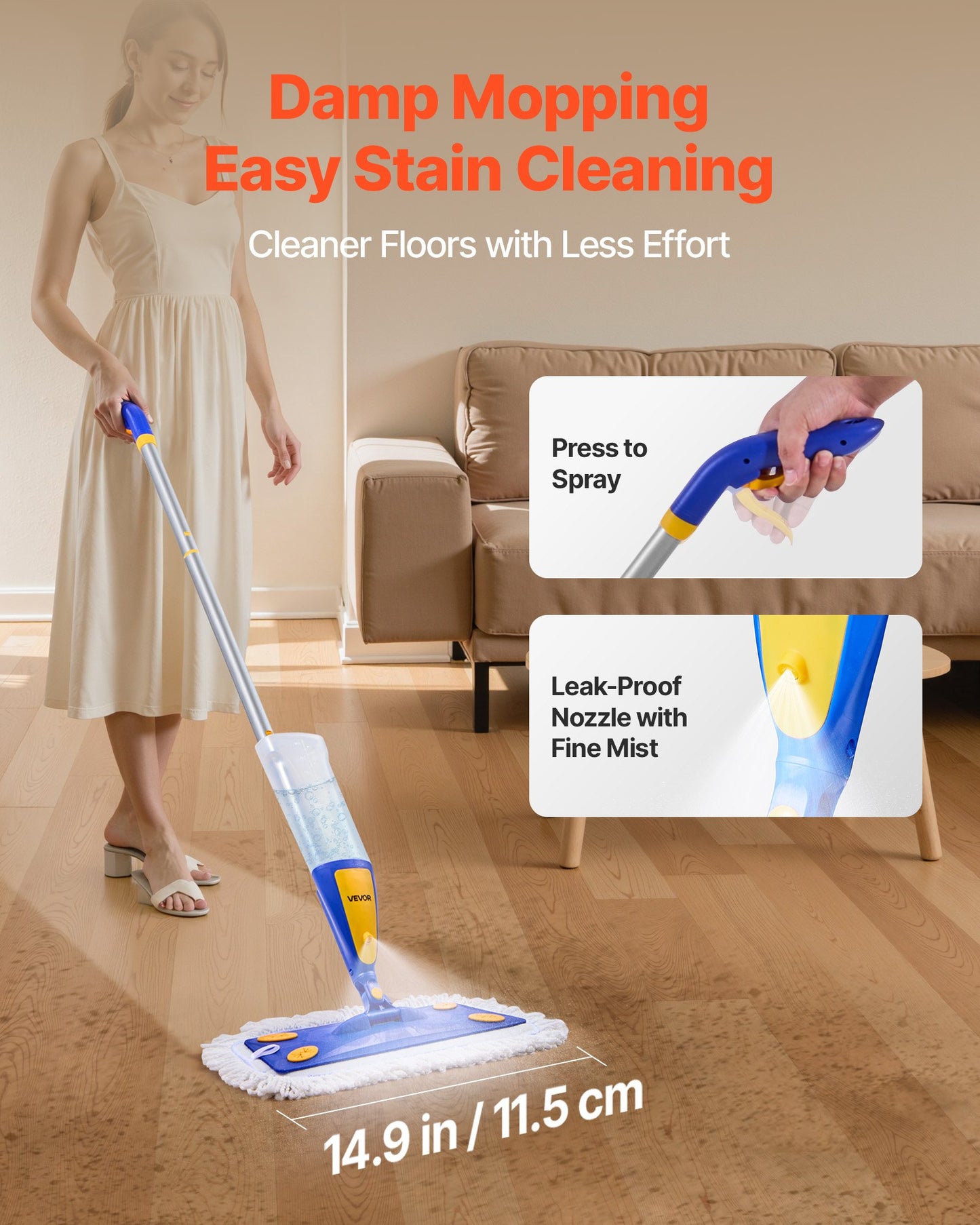 Spray Mop, with 3 Washable Pads for Dry and Wet Floor Cleaning and a 27oz Refillable Water Tank, Microfiber Dust Wet Mop & Twisted Cotton Dry Mop, Commercial Home Use for Tiles/Vinyl/Wood Floor