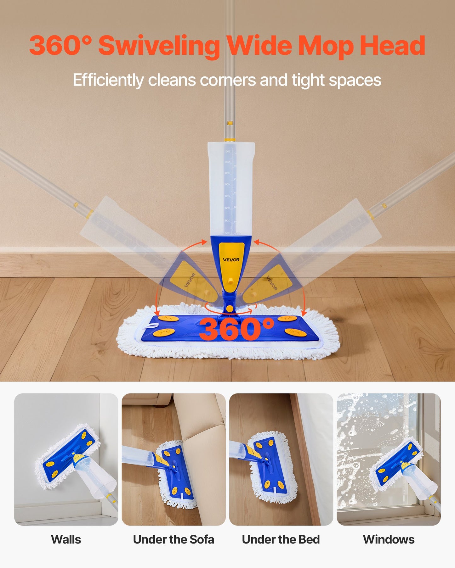 Spray Mop, with 3 Washable Pads for Dry and Wet Floor Cleaning and a 27oz Refillable Water Tank, Microfiber Dust Wet Mop & Twisted Cotton Dry Mop, Commercial Home Use for Tiles/Vinyl/Wood Floor