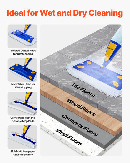 Spray Mop, with 3 Washable Pads for Dry and Wet Floor Cleaning and a 27oz Refillable Water Tank, Microfiber Dust Wet Mop & Twisted Cotton Dry Mop, Commercial Home Use for Tiles/Vinyl/Wood Floor