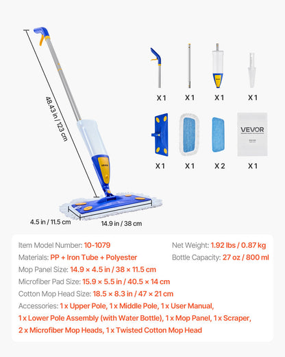 Spray Mop, with 3 Washable Pads for Dry and Wet Floor Cleaning and a 27oz Refillable Water Tank, Microfiber Dust Wet Mop & Twisted Cotton Dry Mop, Commercial Home Use for Tiles/Vinyl/Wood Floor
