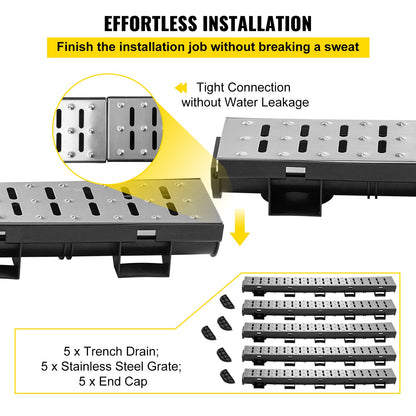 Trench Drain System, Channel Drain with Metal Grate, 5.7x3.1-Inch HDPE Drainage Trench, Black Plastic Garage Floor Drain, 5x39 Trench Drain Grate, with 5 End Caps, for Garden, Driveway-5 Pack